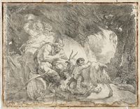 Il dio Pan in una grotta con una capra e due piccoli satiri.