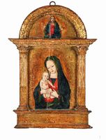 Madonna col Bambino con collanina di corallo entro edicola / Cristo pantocrator nella lunetta sovrastante.