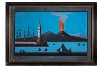 Coppia di vedute del porto di Napoli con l'eruzione del Vesuvio del novembre 1868.