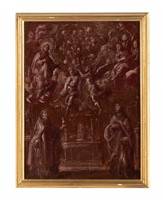 La Vergine in adorazione dell'Eucaristia con angeli e santi.