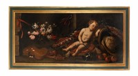 Vanitas con putto adagiato su tappeto, globo terrestre, clessidra, violino e grande vaso di fiori.