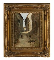 Scorcio di paese con figure e cinghiali.