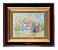 Paesaggio con case e covoni.