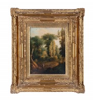 Scorcio di bosco con figura femminile e bambino.