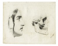 Giovane donna di profilo e teschio.