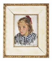 Ritratto di bambina con fiocco rosso.