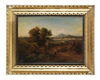 Paesaggio boschivo con figure e Vesuvio sullo sfondo.