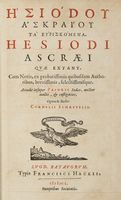 Esiodou Askraiou ta euriskomena. Hesiodi Ascraei quae extant. Cum notis, ex probatissimis quibusdam authoribus, brevissimis, selectissimisque. Accedit insuper Pasoris Index, auctior multo, & castigatior. Opera & studio Cornelii Schrevelii.