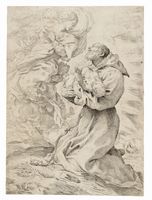 San Francesco tiene in braccio Gesù Bambino al cospetto della Madonna.