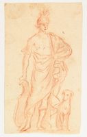 Figura maschile con elmo scudo e cane.