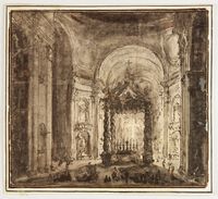 Veduta dell'altare maggiore e del baldacchino nel presbiterio di San Pietro a Roma.