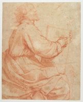 Figura maschile seduta con penna e tavoletta.