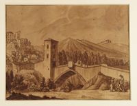 Paesaggio con figure/Studi di figure grottesche, lampada, vasi e fiori.