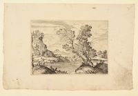 Paesaggio fluviale con figure e albero.