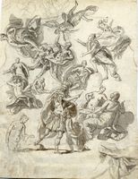 Scena allegorica in cornice mistilinea (recto). Studi di figure (verso).