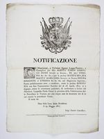 Manifesto. Notificazione per 'confermare [...] al Marchese Leopoldo Carlo Ginori [...] la fabbricazione delle porcellane in Toscana. Firenze, Reale Stamperia'.