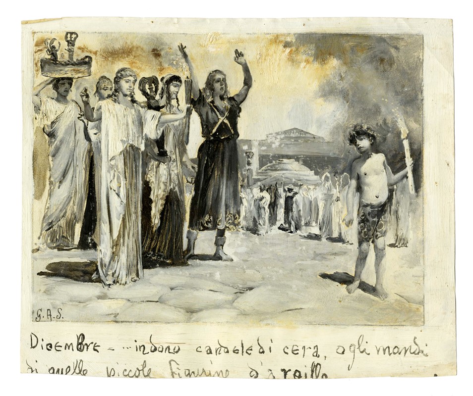 Raccolta di disegni originali per Le feste romane di Ruggero Bonghi illustrate da Giulio Aristide...