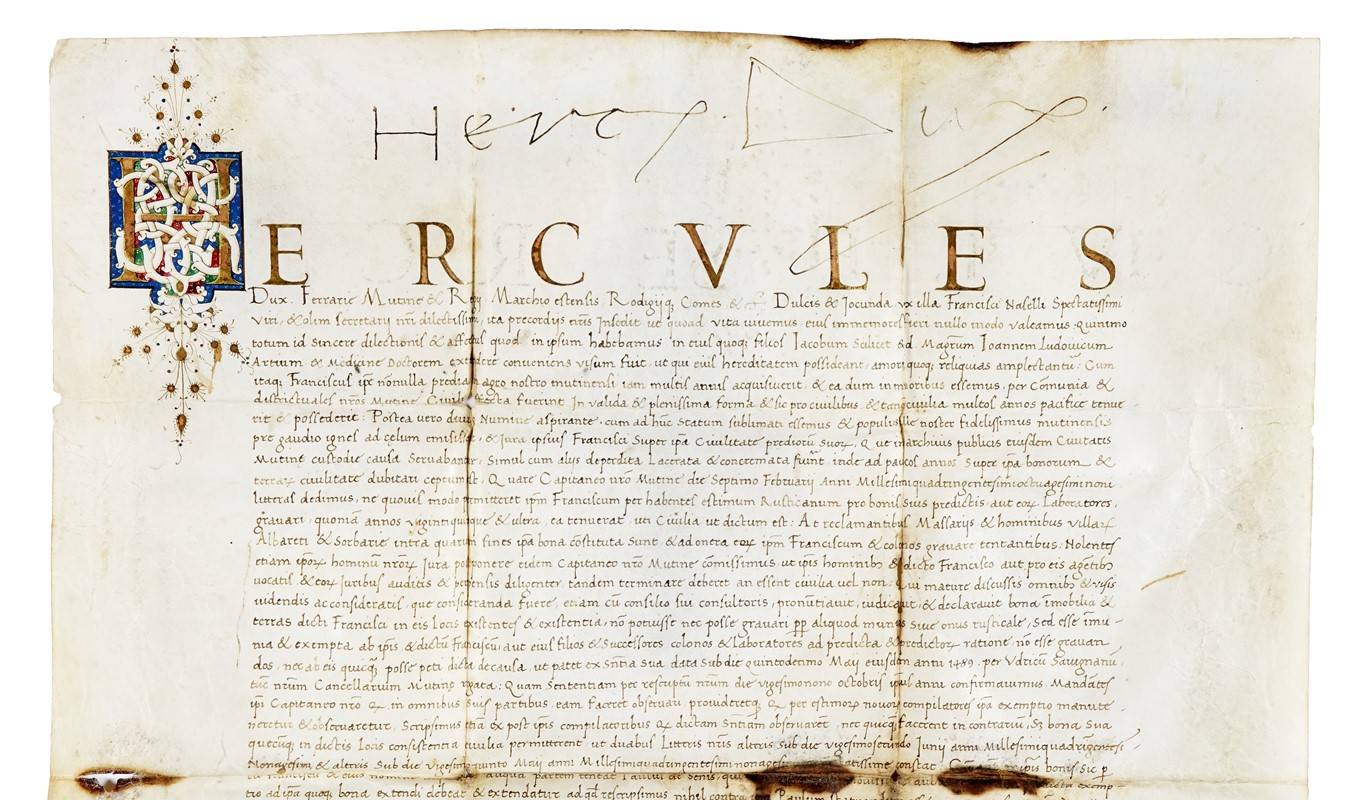 Privilegio pergamenaceo con firma autografa di Ercole I d'Este con capolettera miniato.