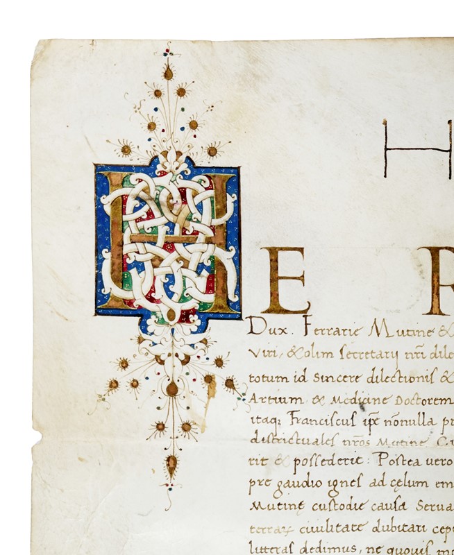 Privilegio pergamenaceo con firma autografa di Ercole I d'Este con capolettera miniato.