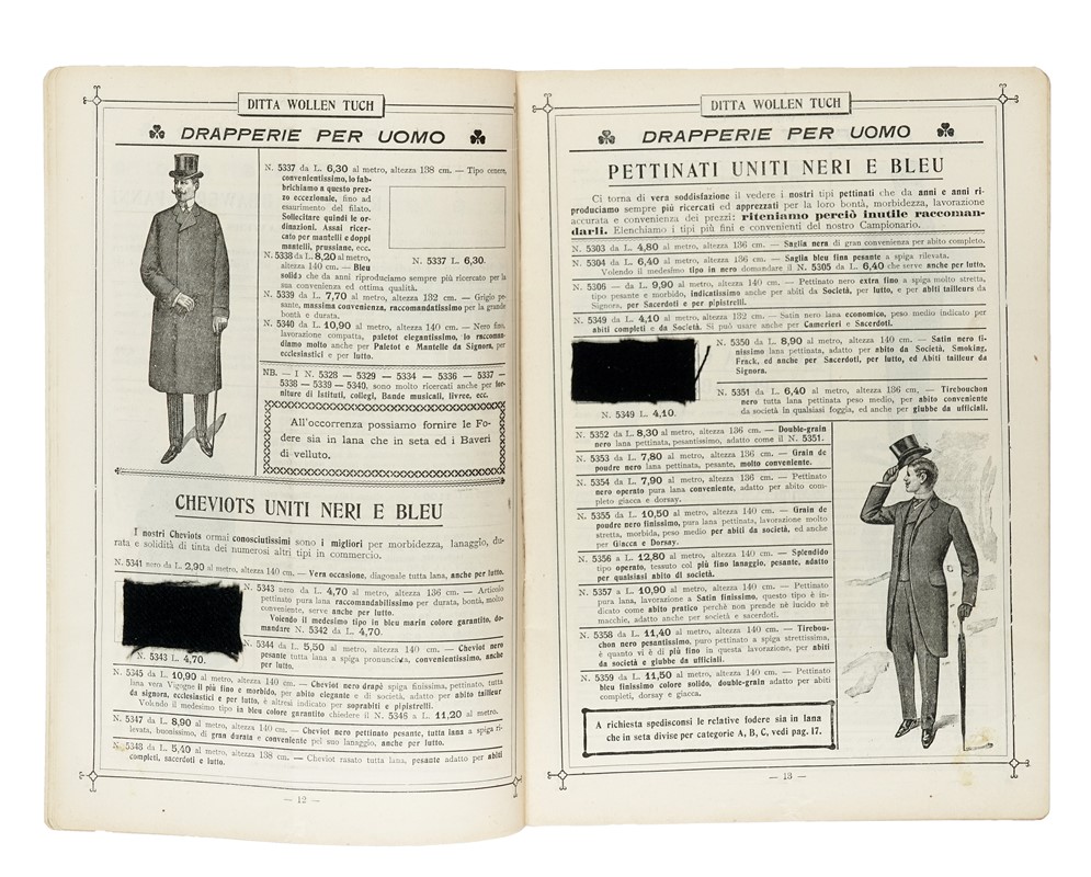 Raccolta di campioni di stoffe e cataloghi di vendita per sartorie dei secoli passati.