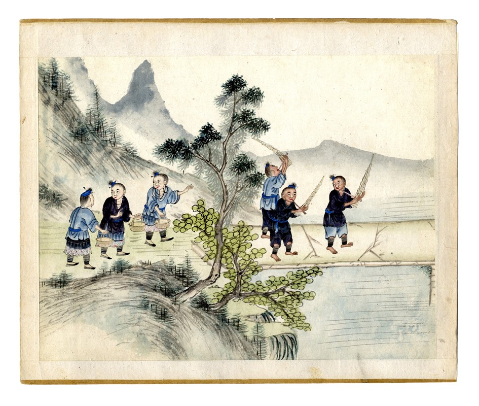 Quindici illustrazioni con scene agresti.