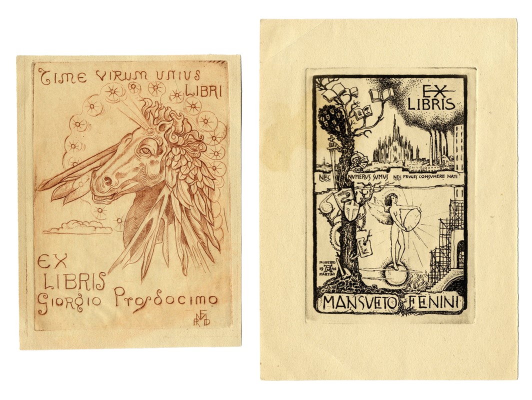 Autori vari : Lotto composto di 4 ex libris. Raoul Dal Molin Ferenzona  (Firenze, 1879 - Milano, 1946), Michel Fingesten (Buczkowitz, 1883 -  Cerisano, 1943), Alberto Martini (Oderzo, 1876 - Milano, 1954) 