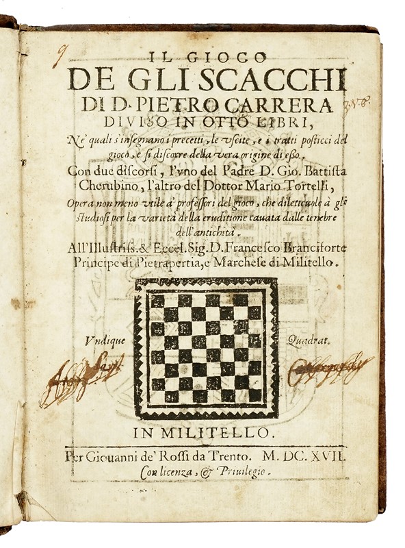 Carrera Pietro : Il gioco de gli scacchi [] diviso in otto libri, nè  quali s?insegnano i