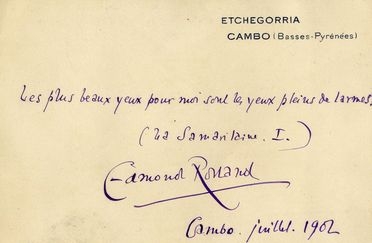  Rostand Edmond : Biglietto autografo firmato.  - Auction Books, Prints and Drawings - Libreria Antiquaria Gonnelli - Casa d'Aste - Gonnelli Casa d'Aste