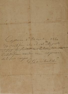  Garibaldi Giuseppe : Documento autografo firmato.  - Asta Libri, Grafica - Libreria Antiquaria Gonnelli - Casa d'Aste - Gonnelli Casa d'Aste