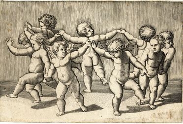  Anonimo del  XVI secolo : Danza di due amorini con sette fanciulli. Da Marcantonio Raimondi.  Marcantonio Raimondi  (Molinella,, 1480 - Bologna,, 1534)  - Asta Libri, Grafica - Libreria Antiquaria Gonnelli - Casa d'Aste - Gonnelli Casa d'Aste