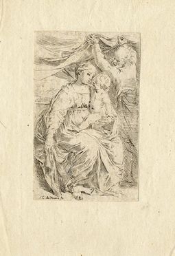  Simone Cantarini  (Pesaro, 1612 - Verona, 1648) : Sacra Famiglia della tenda.  - Asta Libri, Grafica - Libreria Antiquaria Gonnelli - Casa d'Aste - Gonnelli Casa d'Aste