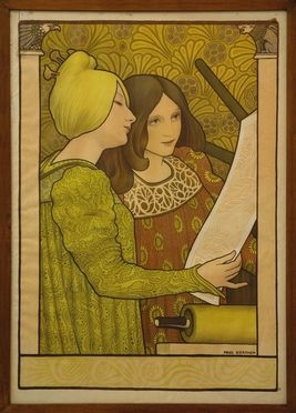  Paul Emile Berthon  (Chartrettes, 1872 - Parigi, 1909) : Two girls with a printing press. Salon des Arts Libraux Poster.  - Auction Design, Prints & Drawings - Libreria Antiquaria Gonnelli - Casa d'Aste - Gonnelli Casa d'Aste