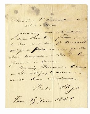  Hugo Victor : Lettera autografa firmata.  - Asta Libri, manoscritti e autografi - Libreria Antiquaria Gonnelli - Casa d'Aste - Gonnelli Casa d'Aste
