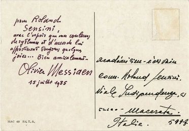  Messiaen Olivier : Cartolina viaggiata, autografa firmata.  - Asta Libri, manoscritti e autografi - Libreria Antiquaria Gonnelli - Casa d'Aste - Gonnelli Casa d'Aste