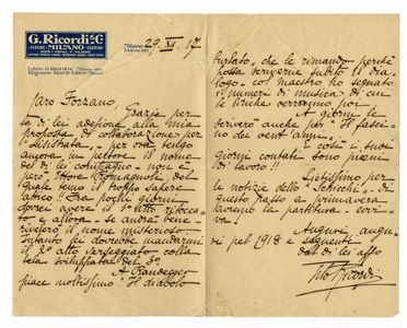  Ricordi Tito : Lettera autografa firmata inviata al M Giovacchino Forzano.  - Asta Libri, manoscritti e autografi - Libreria Antiquaria Gonnelli - Casa d'Aste - Gonnelli Casa d'Aste