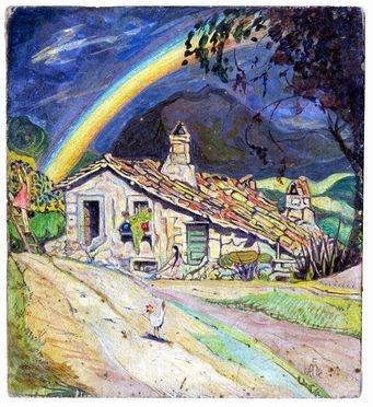  Raoul Dal Molin Ferenzona  (Firenze, 1879 - Milano, 1946) : Casetta con arcobaleno.  - Auction Prints and Drawings XVI-XX century, Paintings of the 19th-20th centuries - Libreria Antiquaria Gonnelli - Casa d'Aste - Gonnelli Casa d'Aste