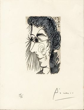  Pablo Picasso  (Malaga, 1881 - Mougins, 1973) : Volto femminile.  - Asta Stampe, Disegni e Dipinti dal XVI al XX secolo - Libreria Antiquaria Gonnelli - Casa d'Aste - Gonnelli Casa d'Aste