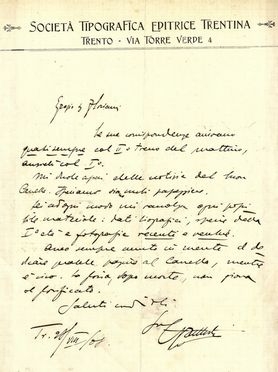  Battisti Cesare : Lettera autografa firmata.  - Auction Books, Manuscripts & Autographs - Libreria Antiquaria Gonnelli - Casa d'Aste - Gonnelli Casa d'Aste