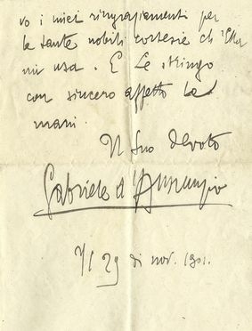  D'Annunzio Gabriele : Lettera autografa firmata.  - Asta Libri, Manoscritti e Autografi - Libreria Antiquaria Gonnelli - Casa d'Aste - Gonnelli Casa d'Aste