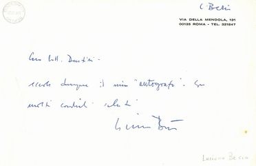  Berio Luciano : Biglietto autografo firmato.  - Asta Libri, Manoscritti e Autografi - Libreria Antiquaria Gonnelli - Casa d'Aste - Gonnelli Casa d'Aste