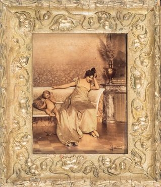  Vittorio Reggianini  (Modena, 1858 - Roma, 1939) : Figura femminile seduta con amorino.  - Auction Books & Graphics. Part I: Prints, Drawings & Paintings - Libreria Antiquaria Gonnelli - Casa d'Aste - Gonnelli Casa d'Aste