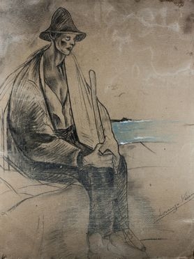  Lorenzo Viani  (Viareggio, 1882 - Ostia, 1936) : Viandante in riva al mare.  - Auction Books & Graphics. Part I: Prints, Drawings & Paintings - Libreria Antiquaria Gonnelli - Casa d'Aste - Gonnelli Casa d'Aste