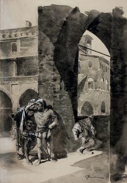  Giuseppe Palanti  (Milano, 1881 - 1946) : Scena di vita medioevale.  - Auction Books & Graphics. Part I: Prints, Drawings & Paintings - Libreria Antiquaria Gonnelli - Casa d'Aste - Gonnelli Casa d'Aste
