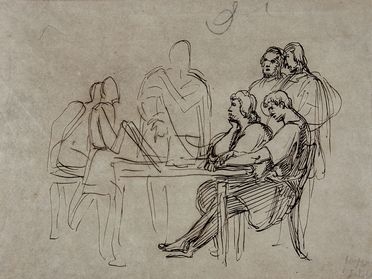  Giuseppe Sabatelli  (Milano, 1813 - Firenze, 1843) [attribuito a] : Figure a un tavolo.  - Auction Books & Graphics. Part I: Prints, Drawings & Paintings - Libreria Antiquaria Gonnelli - Casa d'Aste - Gonnelli Casa d'Aste