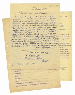  Saljapin Fdor Ivanovic : Lettera autografa firmata inviata ad Arturo Toscanini.  - Asta Libri & Grafica - Libreria Antiquaria Gonnelli - Casa d'Aste - Gonnelli Casa d'Aste