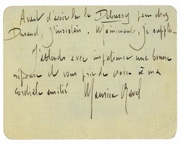  Ravel Maurice : Lettera autografa firmata (scritta su un cartoncino) inviata ad un amico.  - Asta Libri & Grafica - Libreria Antiquaria Gonnelli - Casa d'Aste - Gonnelli Casa d'Aste