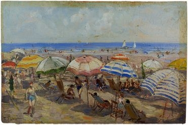  Fabio Fabbi  (Bologna, 1861 - Casalecchio di Reno, 1945) : Spiaggia con ombrelloni.  - Auction Books & Graphics - Libreria Antiquaria Gonnelli - Casa d'Aste - Gonnelli Casa d'Aste