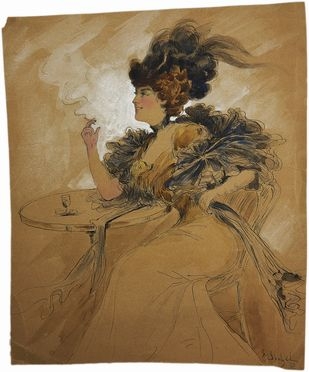  Ernest Leopold Sichel  (Bradford, 1862 - 1941) : Signora con sigaretta al tavolino.  - Auction Books & Graphics - Libreria Antiquaria Gonnelli - Casa d'Aste - Gonnelli Casa d'Aste