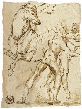  Anonimo del XVII secolo : Guerriero a cavallo che lotta contro due figure nude stanti.  - Auction Books & Graphics - Libreria Antiquaria Gonnelli - Casa d'Aste - Gonnelli Casa d'Aste