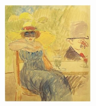  Pio Semeghini  (Quistello, 1878 - Verona, 1964) : Signora con cappello seduta al tavolino.  - Auction Books & Graphics - Libreria Antiquaria Gonnelli - Casa d'Aste - Gonnelli Casa d'Aste